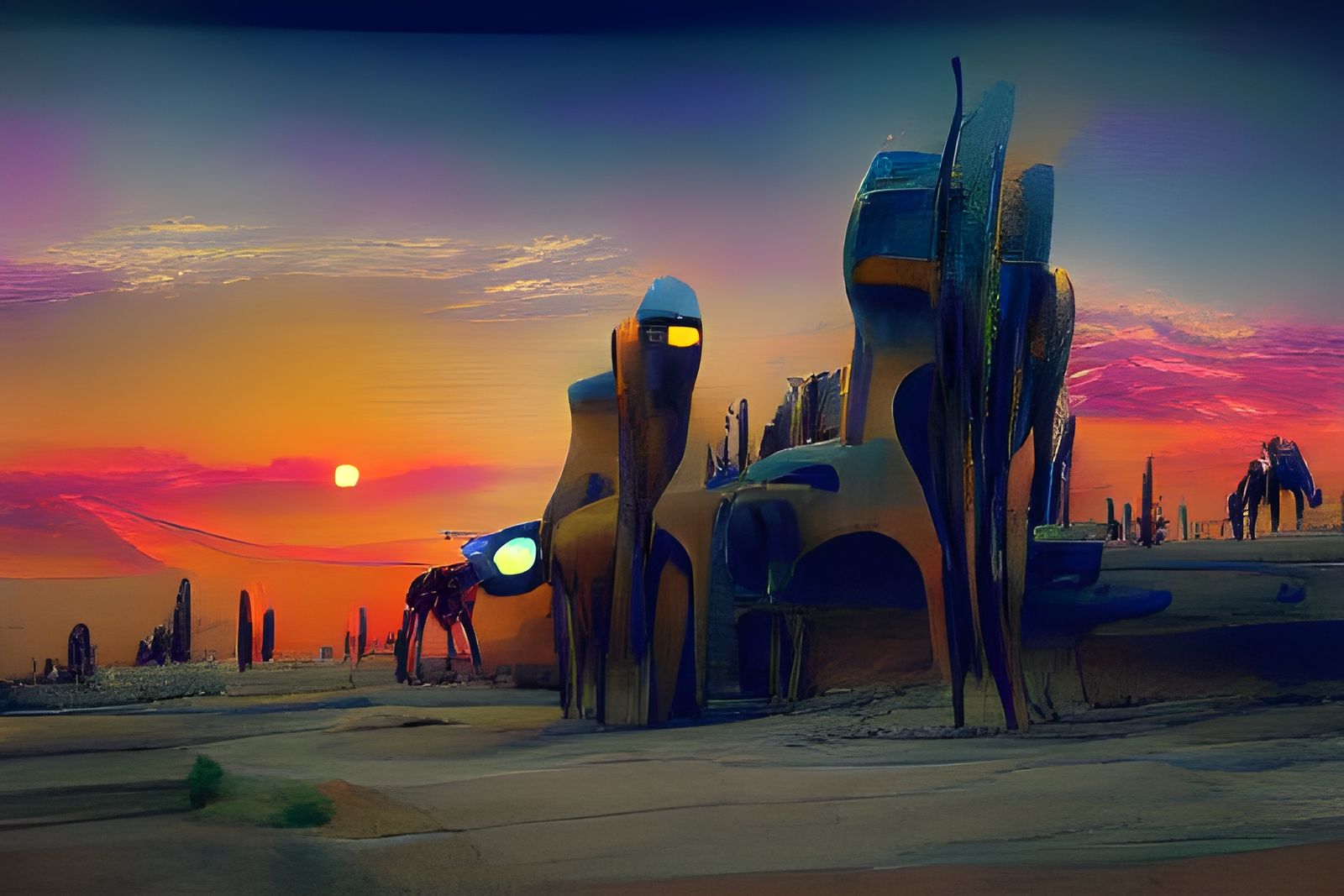 Futuristic Desert Settlement at Sunset in Biomechanical Styl...