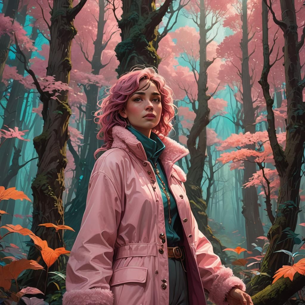 Woman in Pink Jacket in Mystical Forest