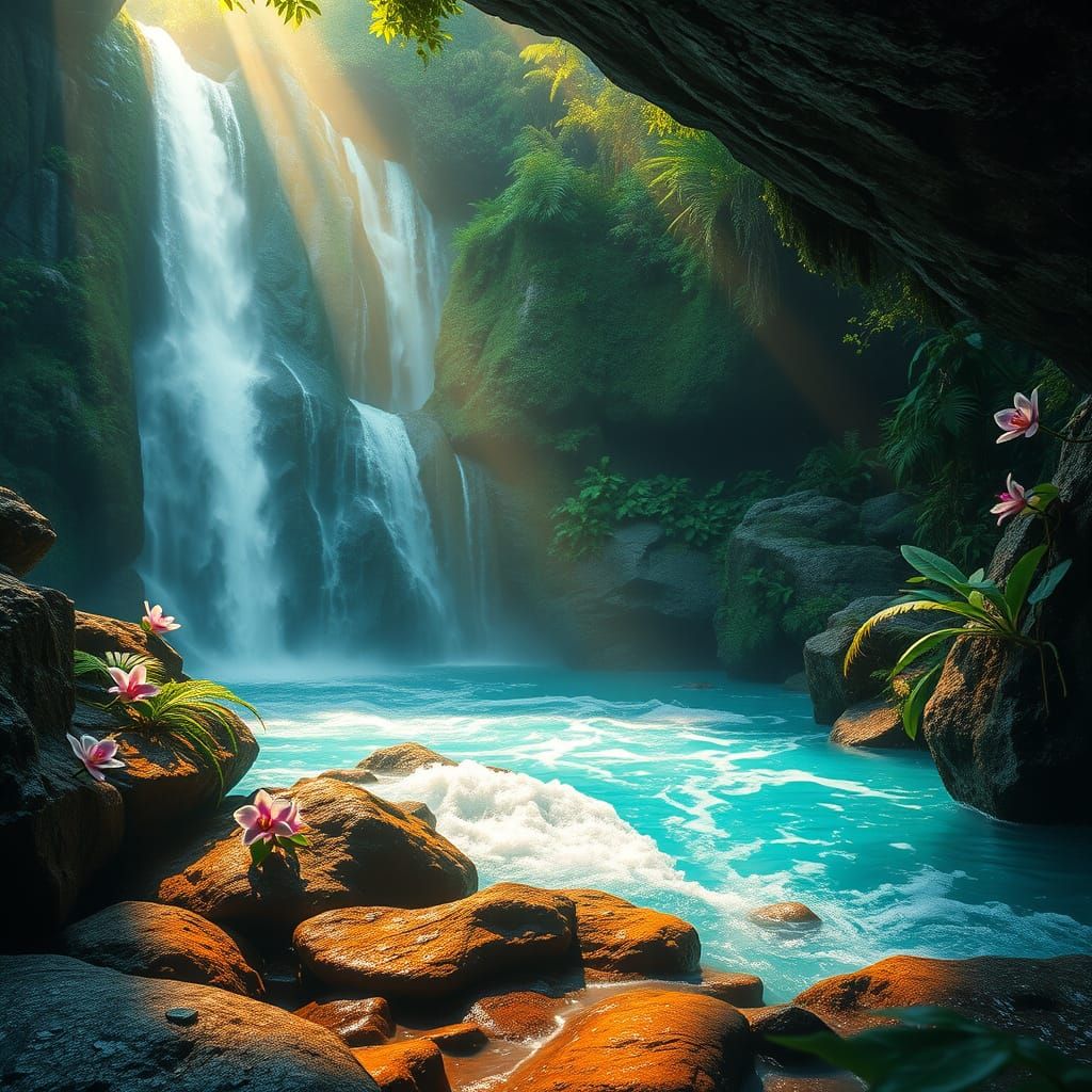 A hyper-realistic, high-definition image depicting a majestic waterfall tumbling over layers of moss-covered basalt clif...