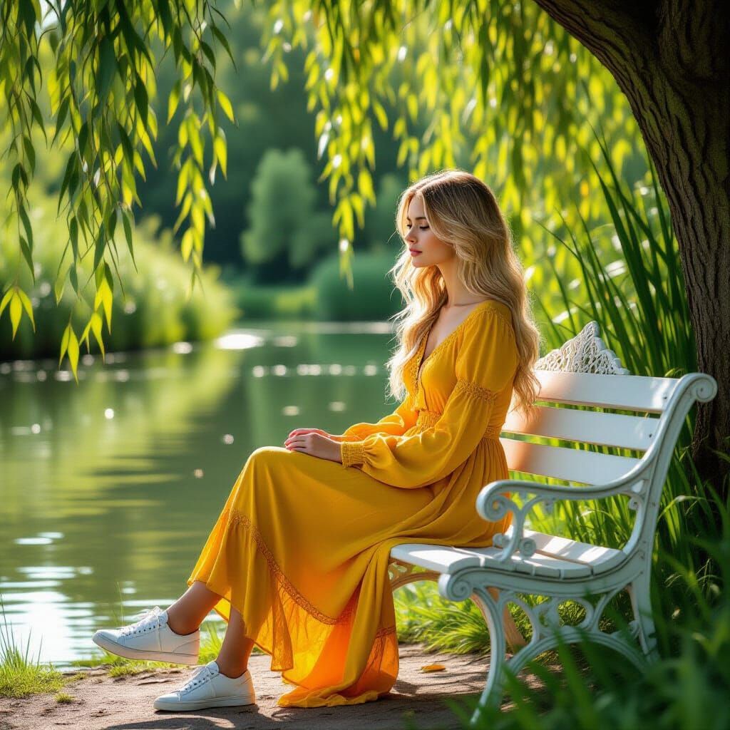 Woman in Yellow Dress by River, Photorealistic Style