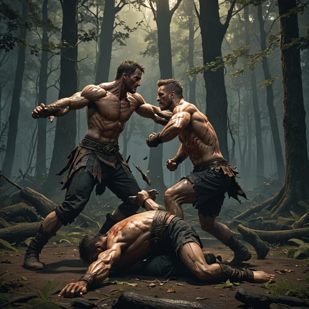 Men Fighting at Night in Forest: Dark Fantasy Art