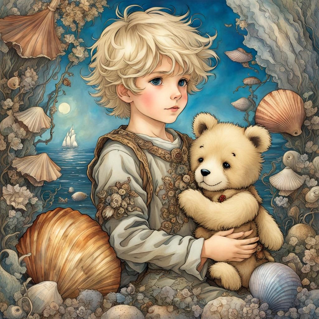 Fairytale Boy and Teddy Discovering Seashells