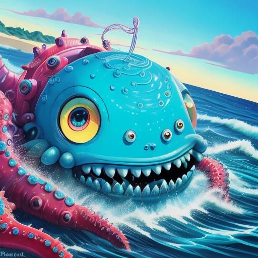 Cute Sea Monster Touches Robot on the Beach