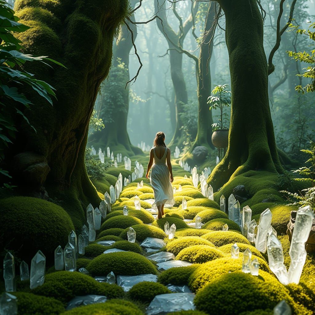 Serene Woman Walks Through Whimsical Crystals Moss Forest
