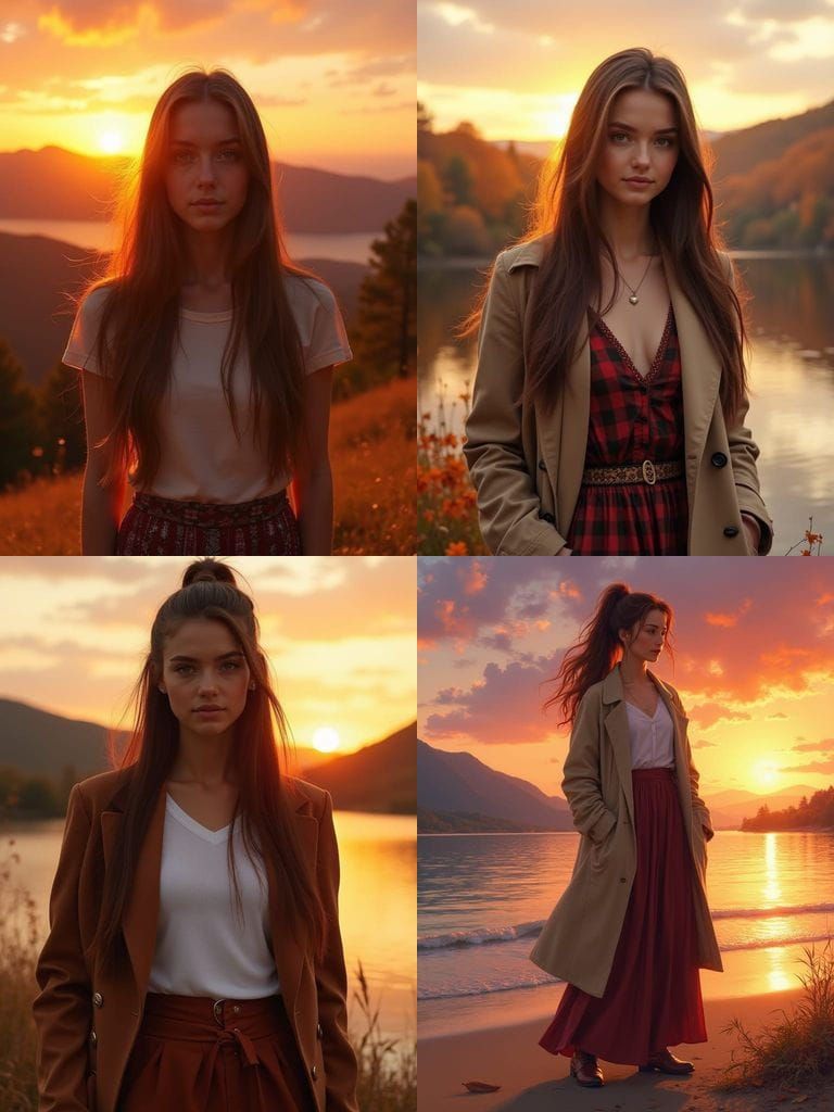 Beautiful Young Woman at Sunset or Sunrise