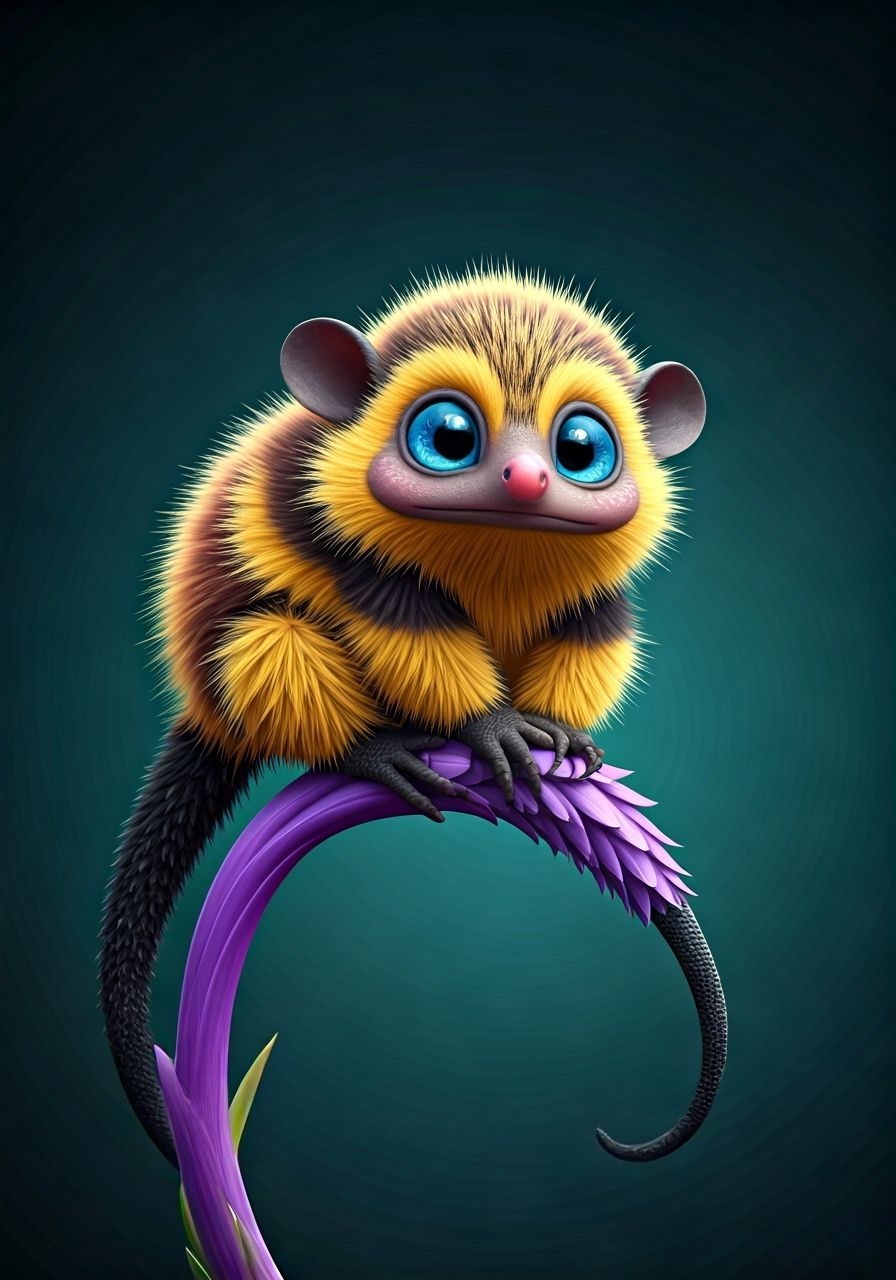 Cute Alien Creature on Purple Flower, Photorealistic Style