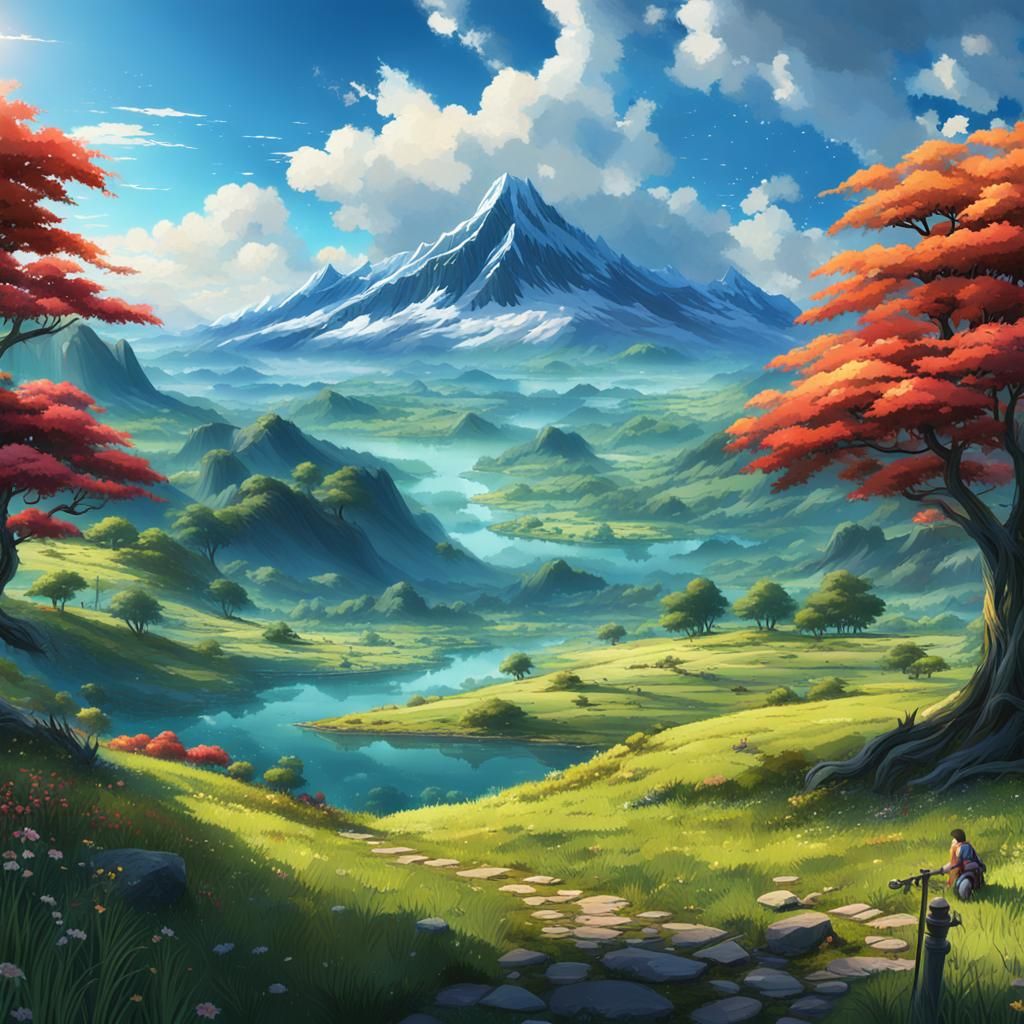 Anime Landscape: Serene Meadows and Majestic Mountains
