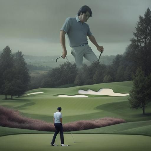 A painting of Seve Ballesteros taking a putt close up on the green at Oakland Hills in the stye of Graham Baxter