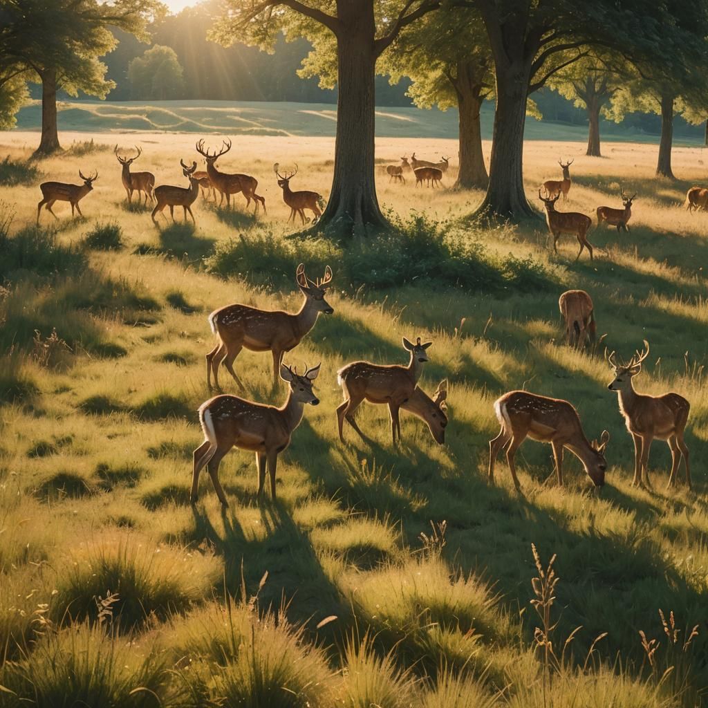 Deer Herd Grazing in Meadow at Golden Hour