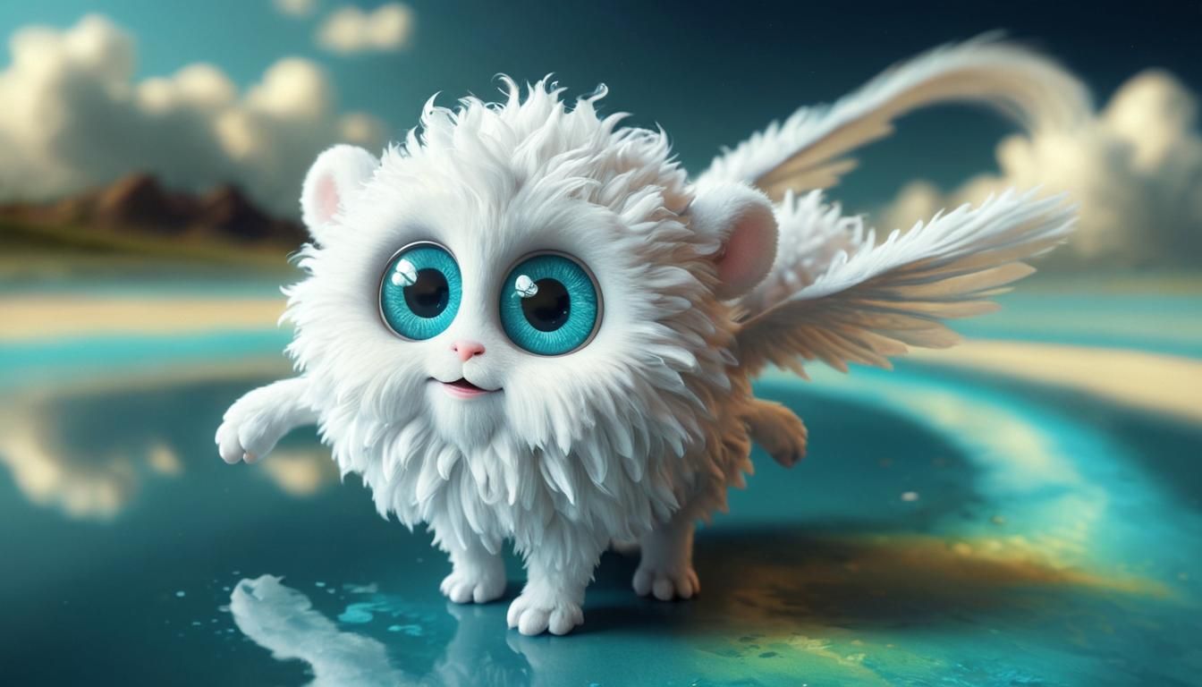 Enchanting Aqua Eyed Cloud Creature in Vibrant Hyperrealism