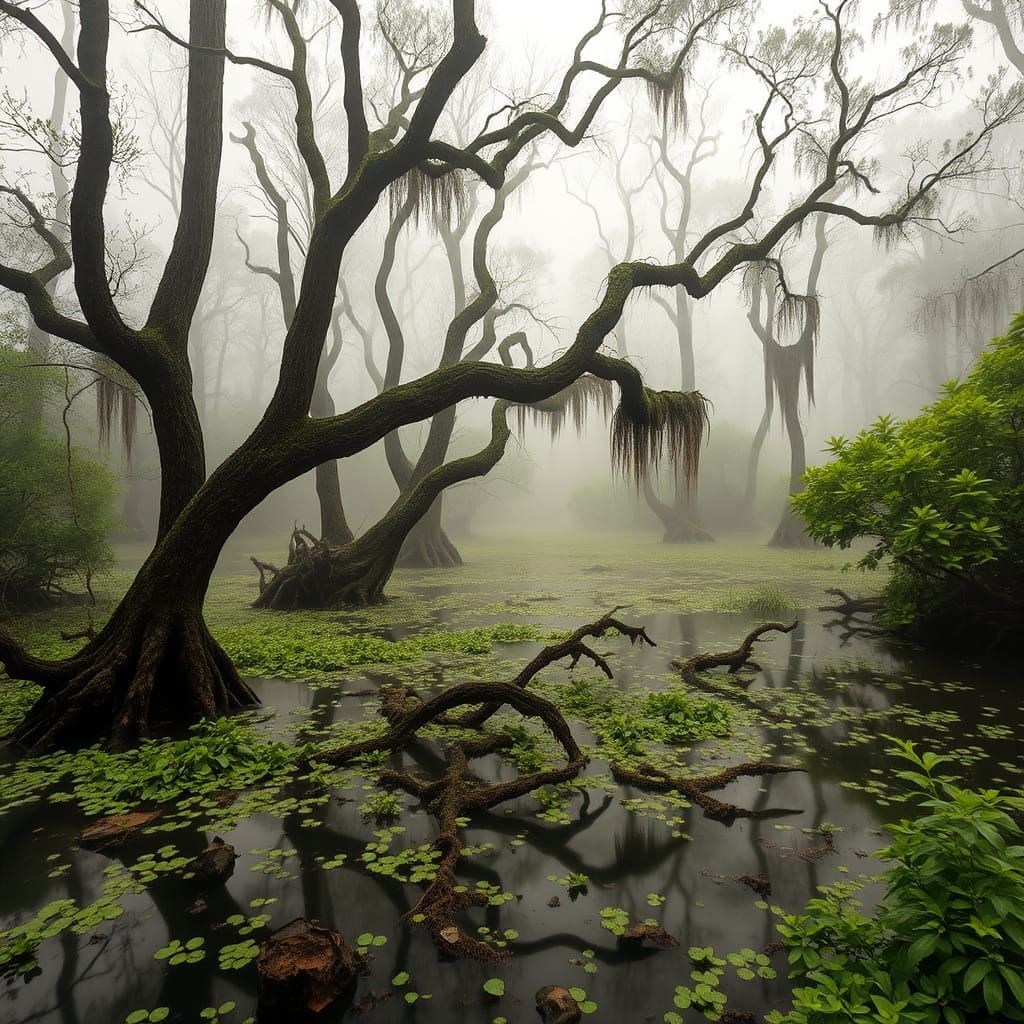 Eerie Swamp Landscape with Cypress Trees