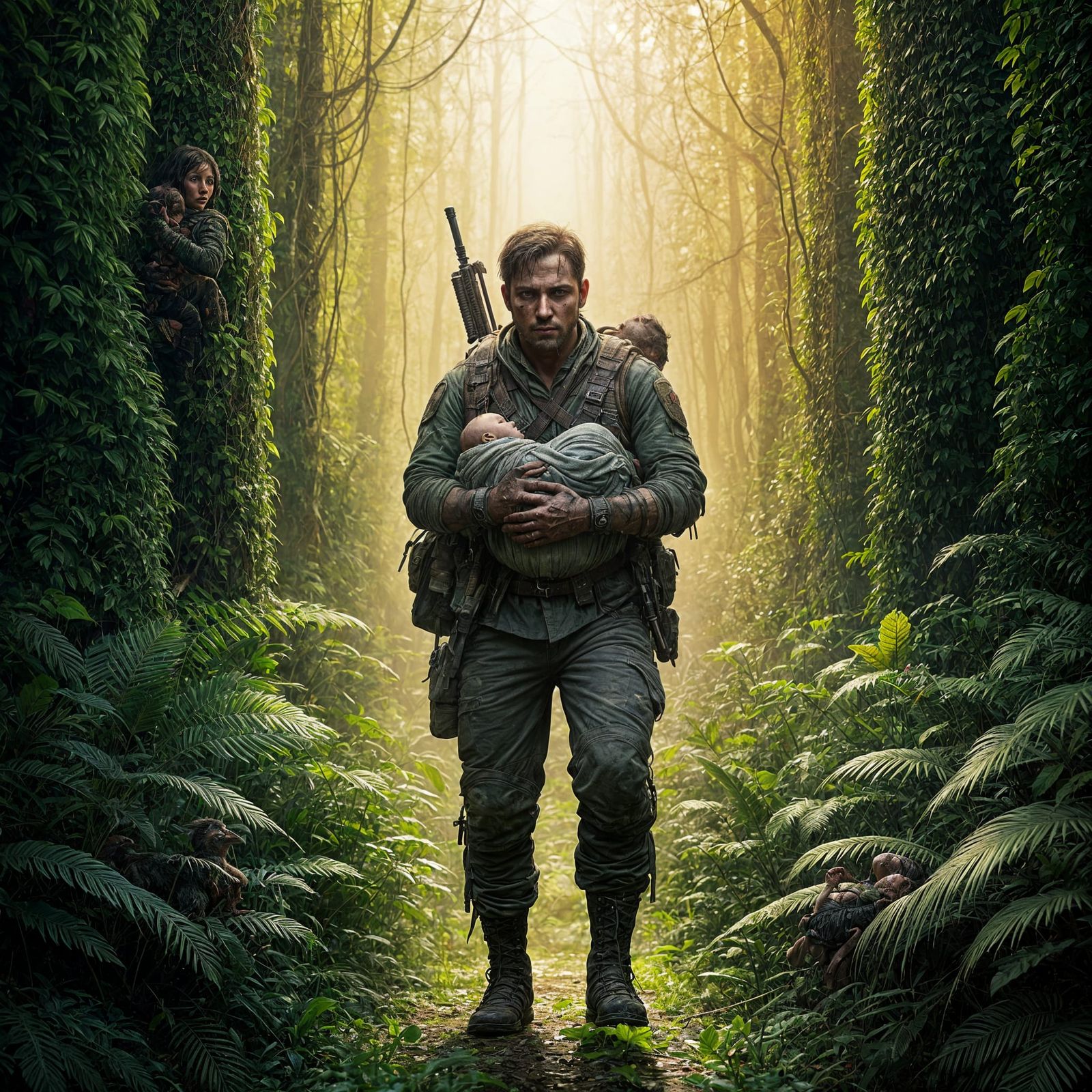Wounded Soldier and Baby in Jungle, Fantasy Art