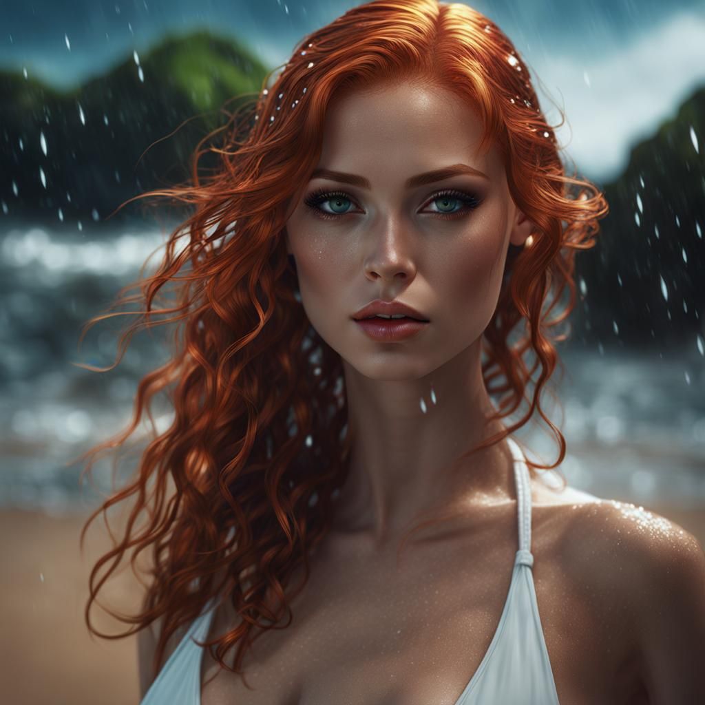 Hyperrealistic Red-Haired Woman in Rain