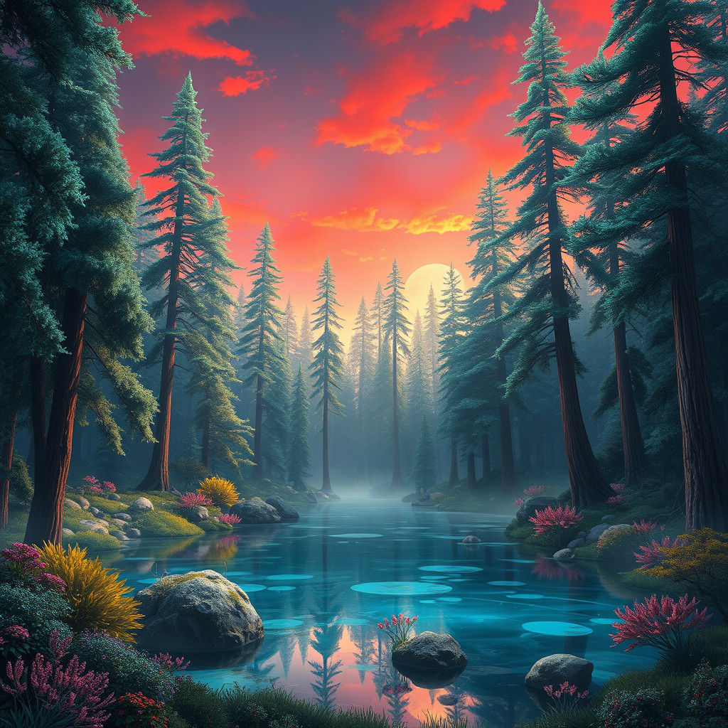 Extraterrestrial Forest with Crystalline Lake: Concept Art