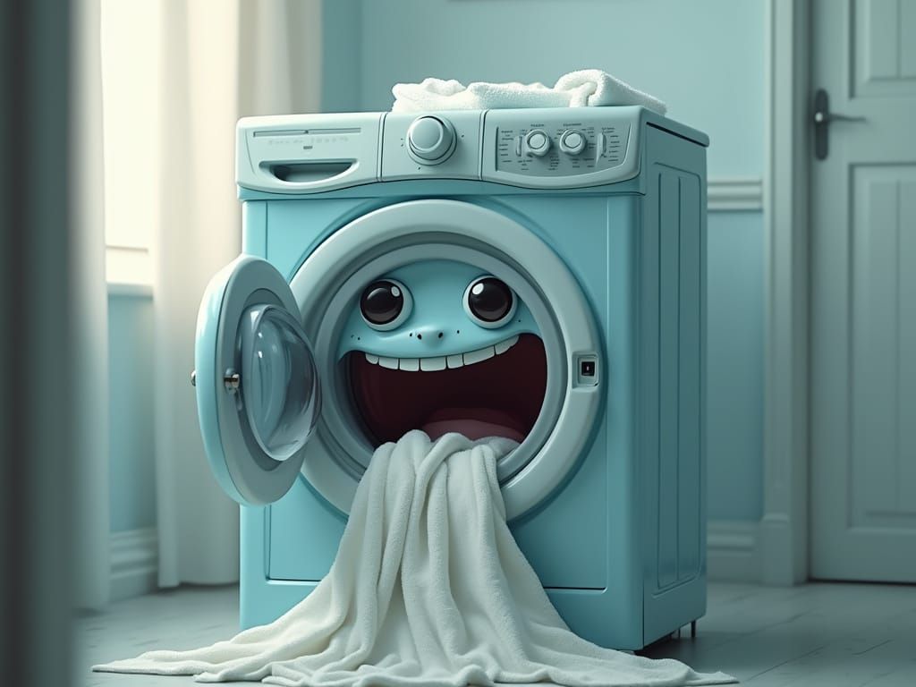 Cartoon Washing Machine with Chewing Mouth in Bathroom