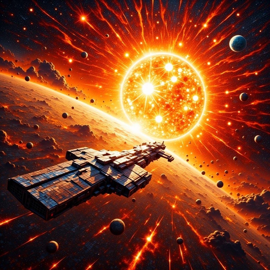 Spaceship Blasting Off into Tiled Sun