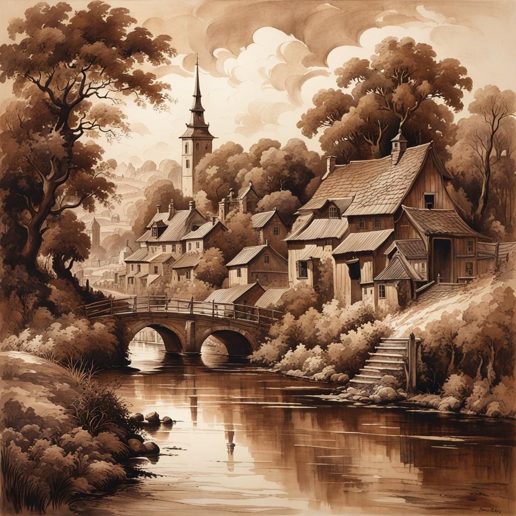Idyllic Village in Brown Ink and Wash