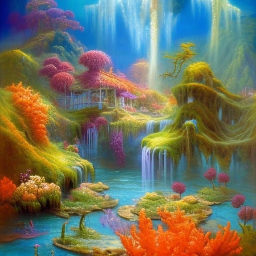 Sunken Temple: Vivid Underwater Oil Painting