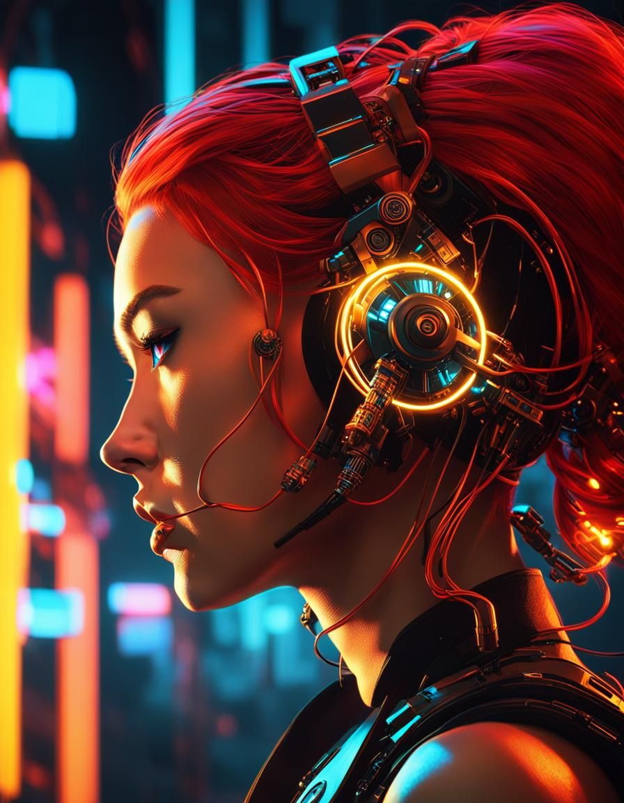 Cyberpunk Female Portrait with Neon and Cybernetic Elements