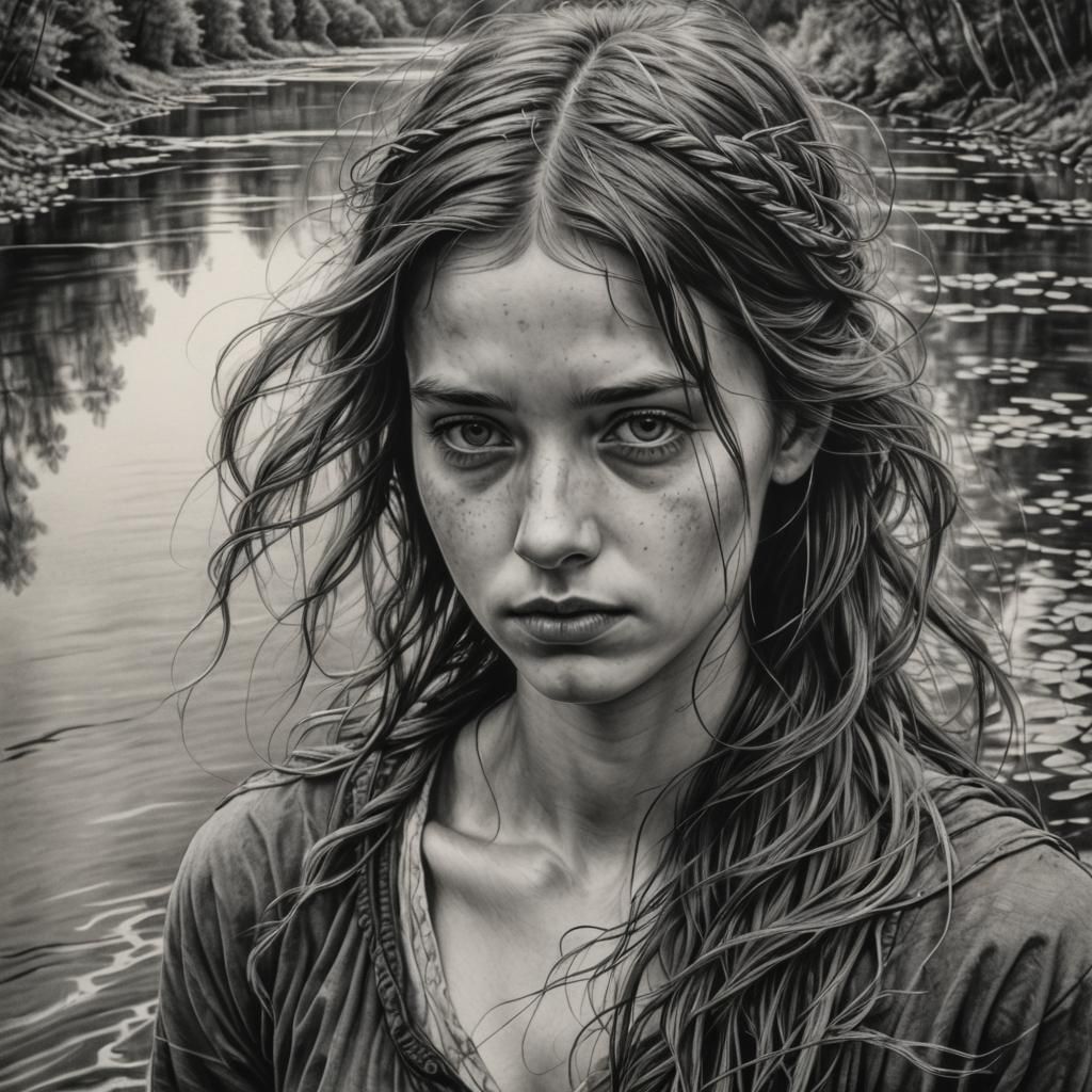 Sad Woman in River: Hyperdetailed Charcoal Drawing