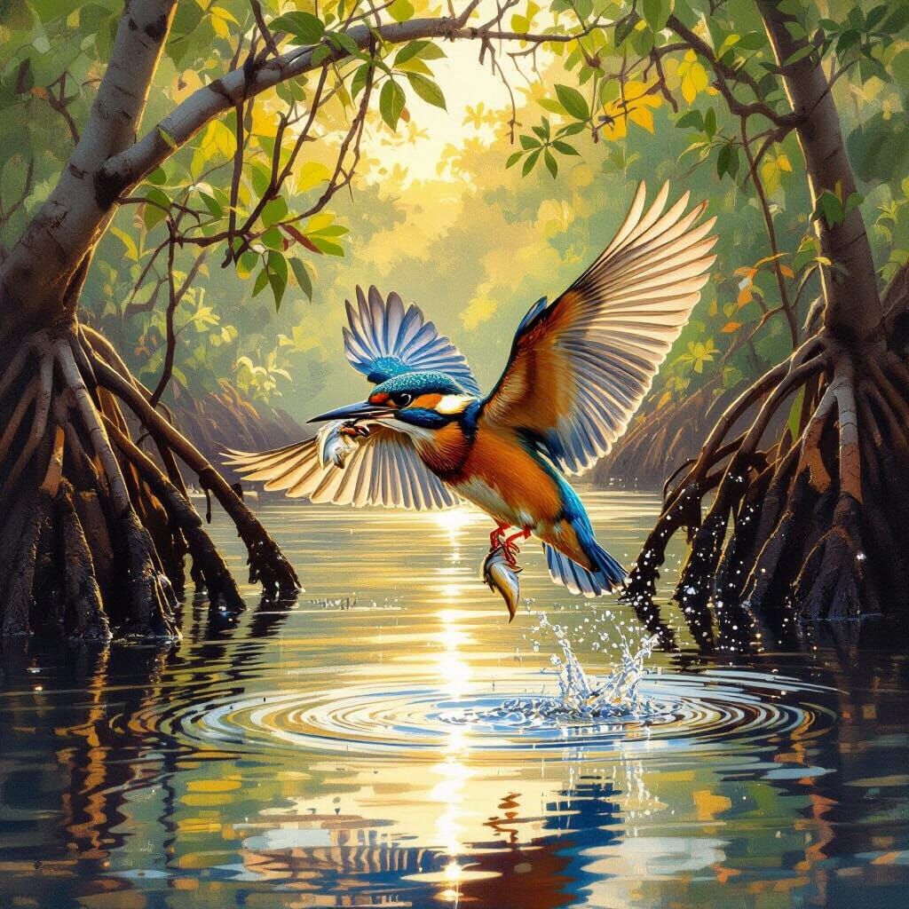 Kingfisher Diving for Fish in Mangrove Lagoon