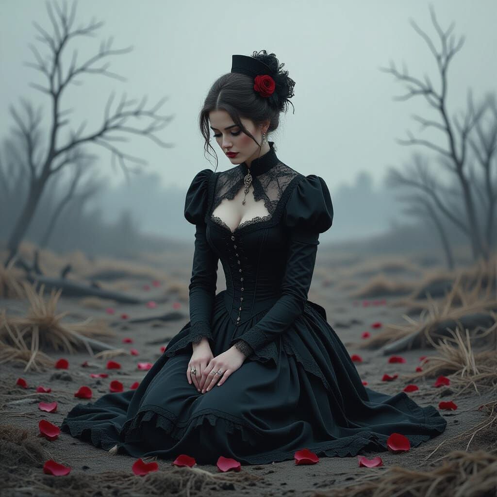 Victorian Woman's Anguish in Barren Landscape