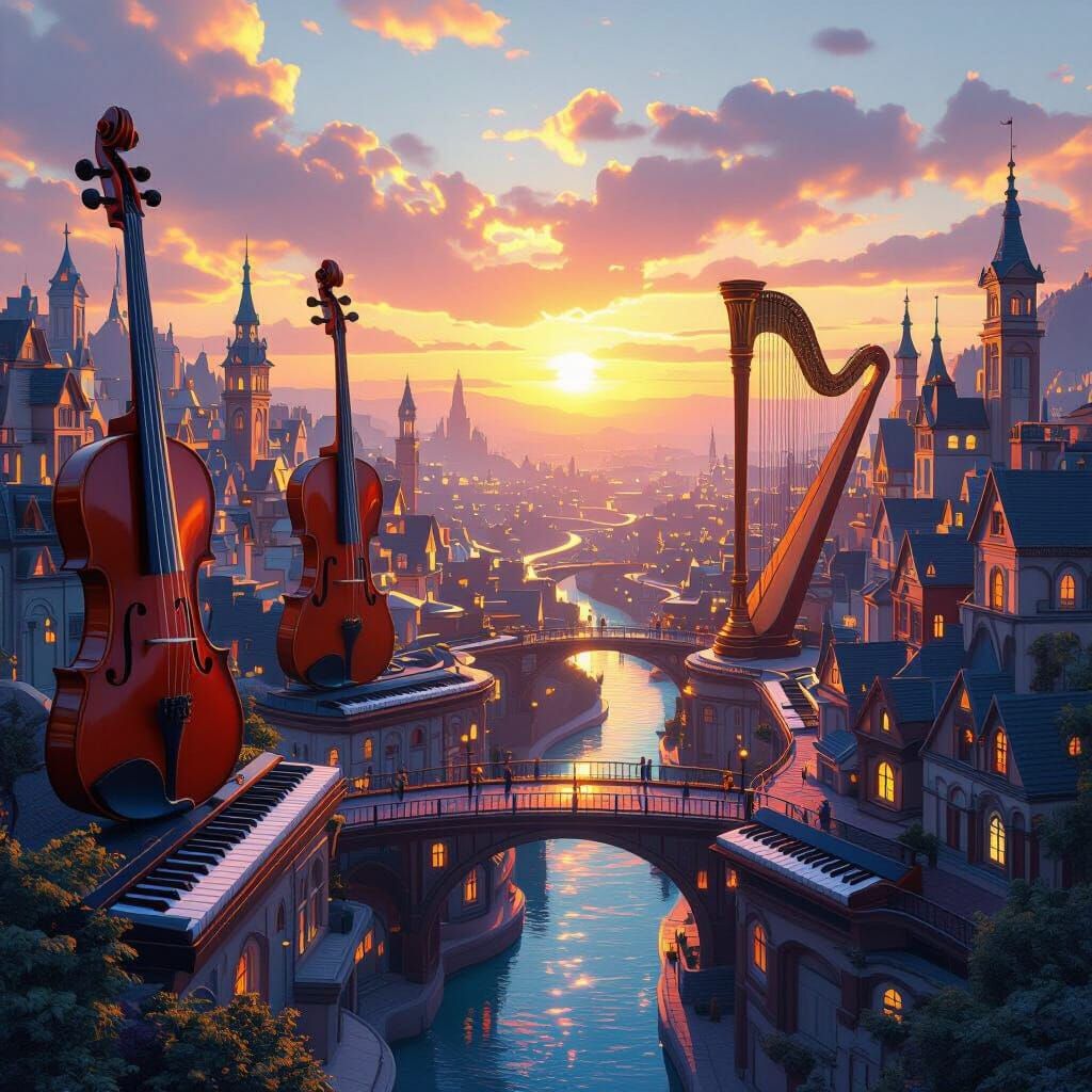 Musical Instrument Cityscape at Sunrise