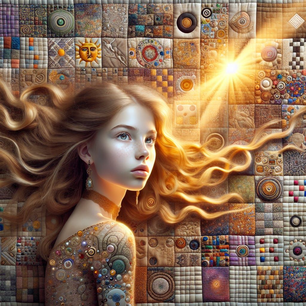 Dreamlike Surrealist Quilt of a Girl Activating a Magical Po...