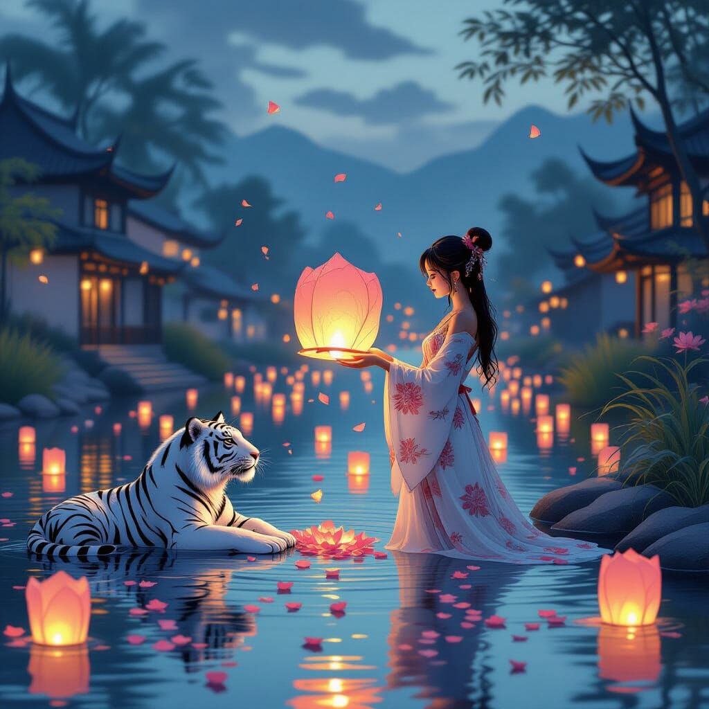 Serene Riverside Village at Dusk in Ethereal Style