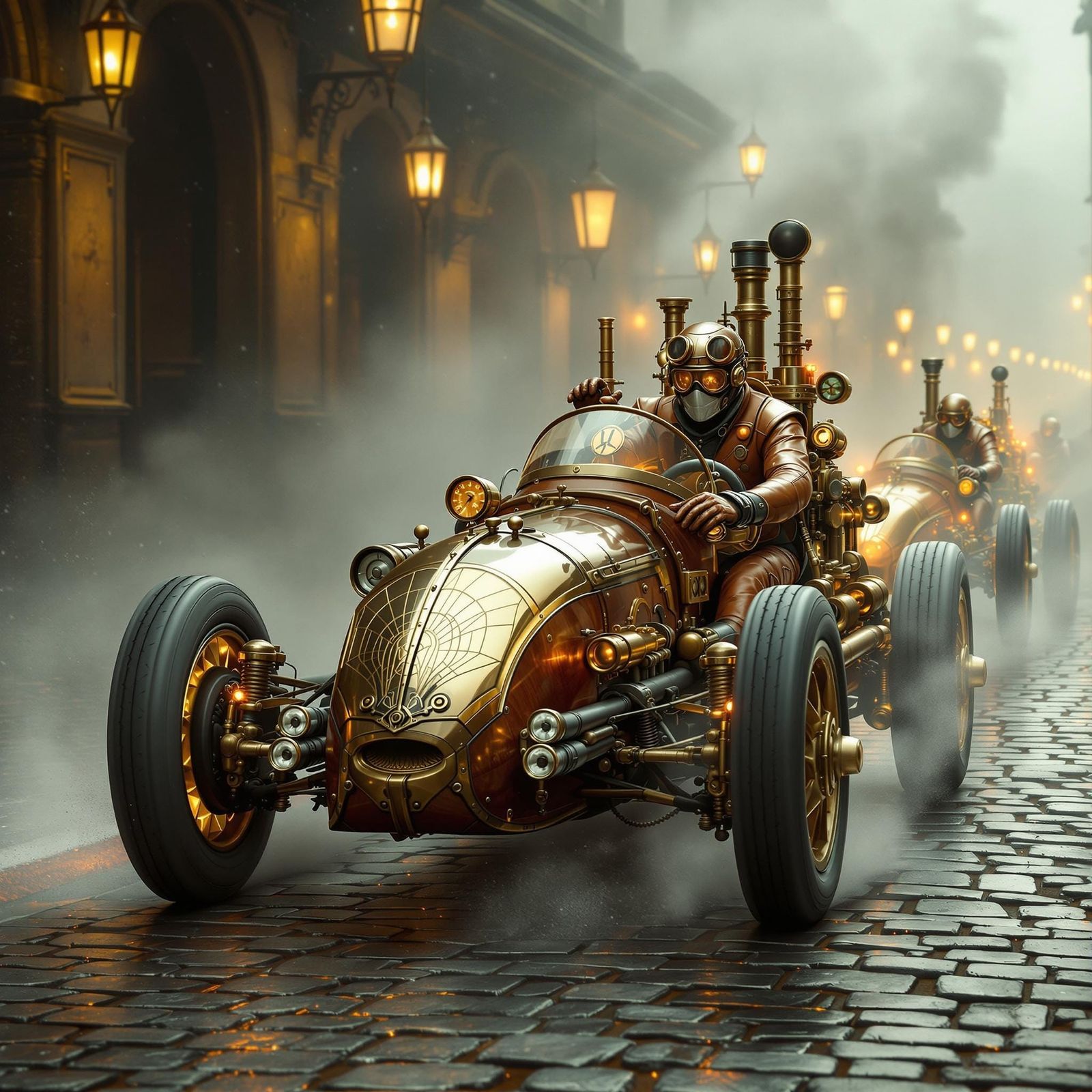 Steampunk Drivers Race Steam-Powered Cars on Cobblestone Tra...