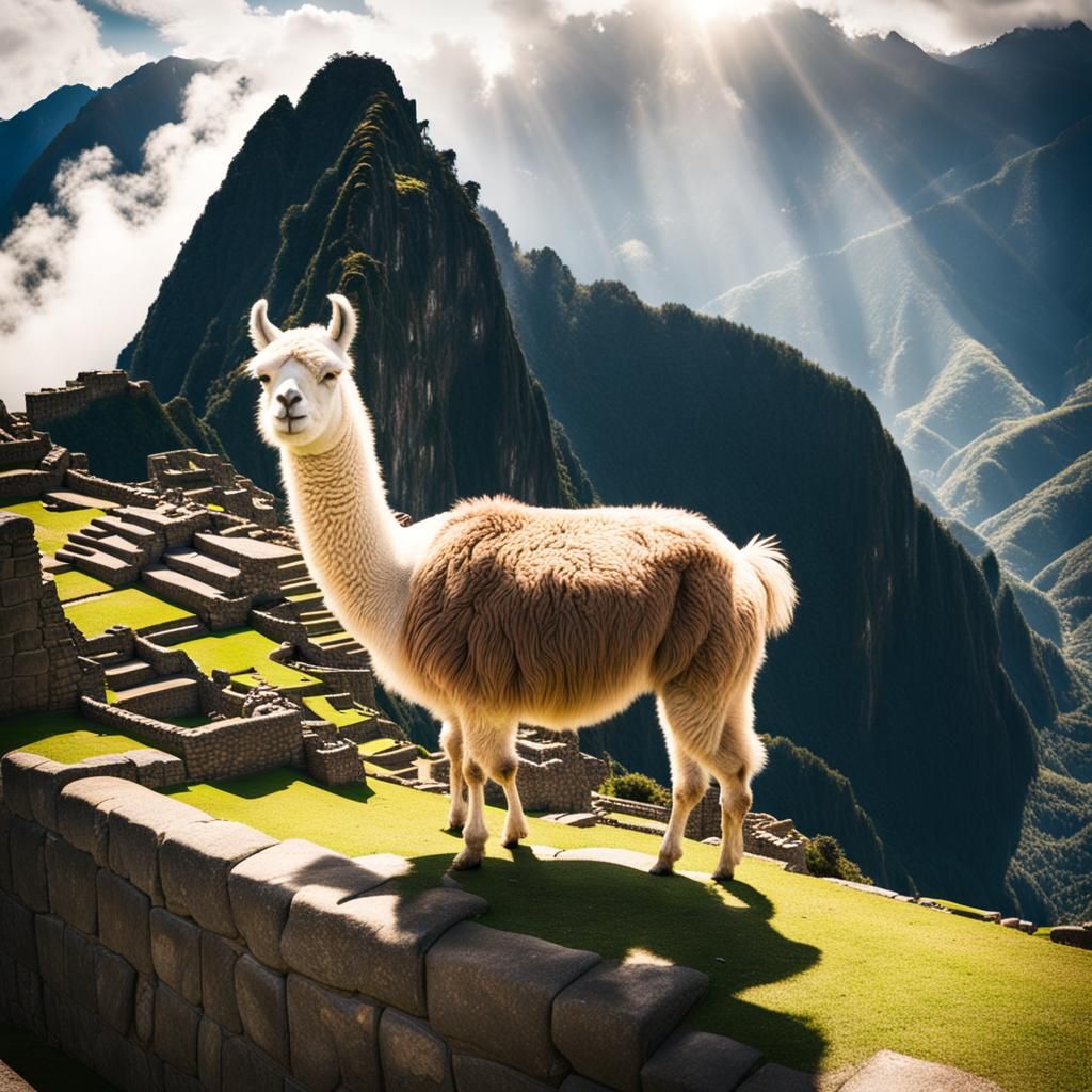 Llama in Machu Picchu with Heavenly Sunshine