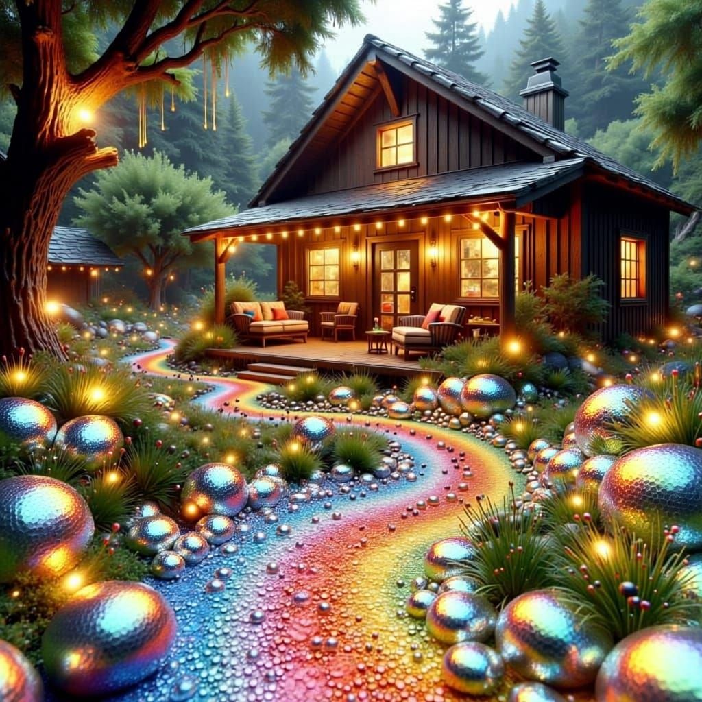 Whimsical Garden Path Illustration with Rustic House