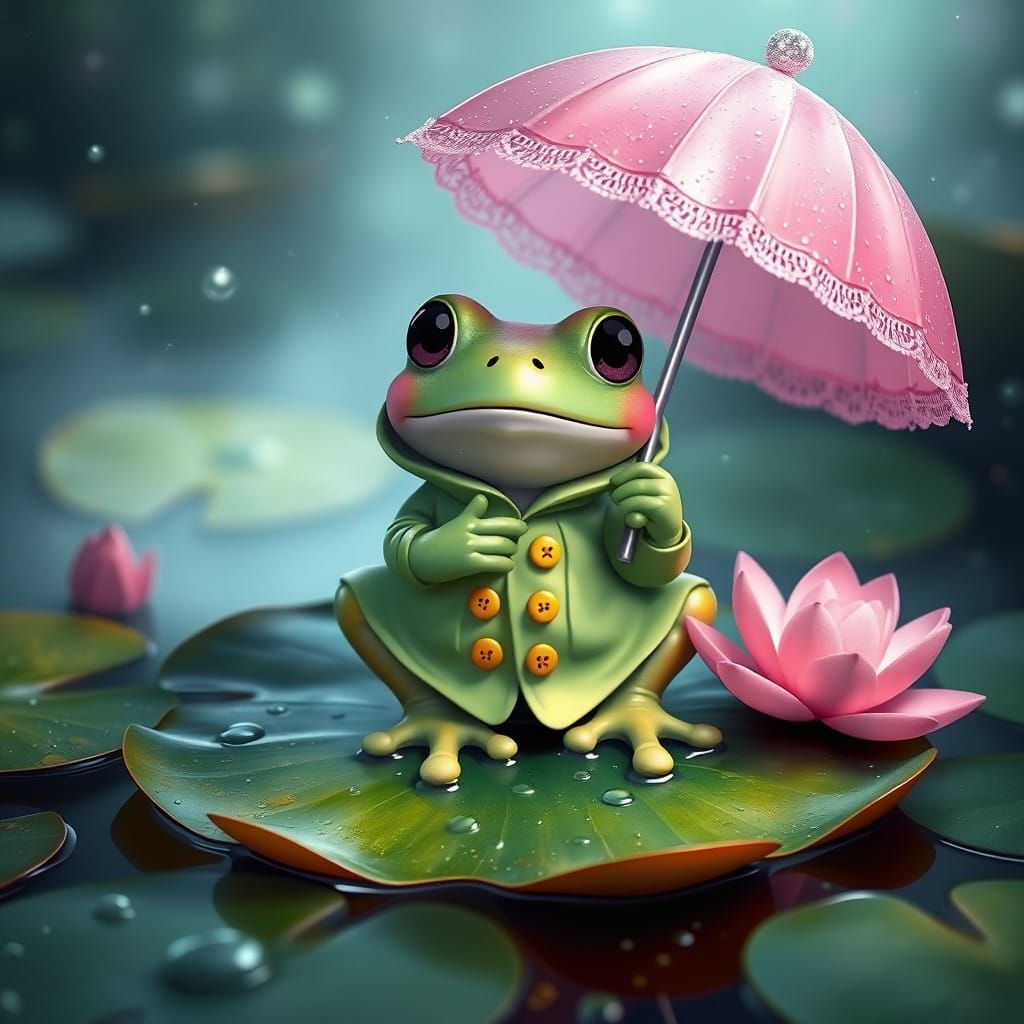 Whimsical Kawaii Frog Under Pastel-Green Umbrella on Lily Pa...