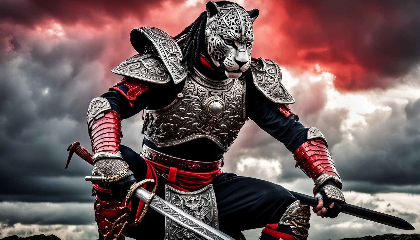 Black Jaguar Warrior in Silver and Red Armour