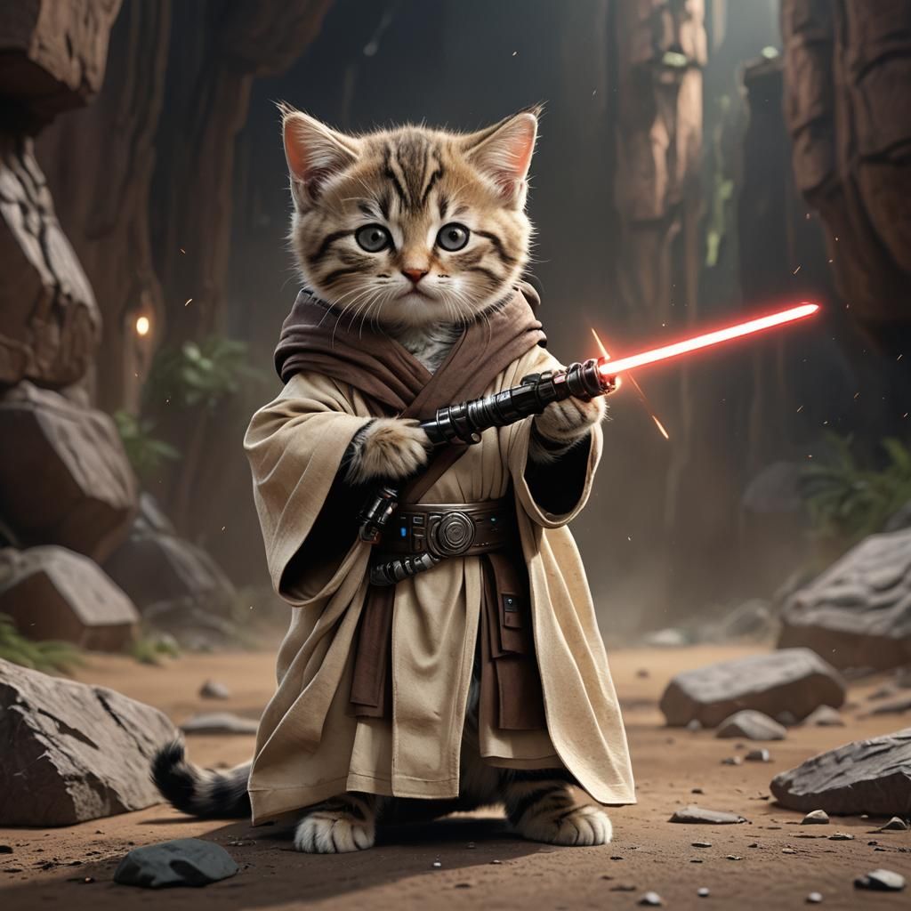 Kitten Jedi Knight with Lightsaber, Detailed Fantasy Art