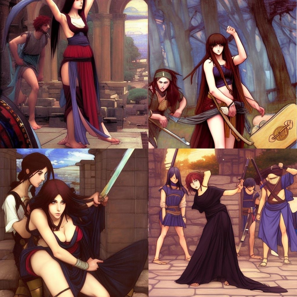 Greek Witch Confronts Hoplites in Pre-Raphaelite Style