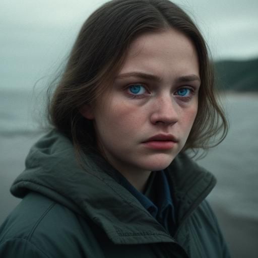 Woman with Tearful Blue Eyes in Cinematic Style