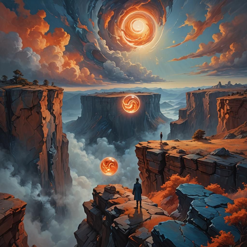 Surreal Landscape with Figure Holding Orb, as Digital Art