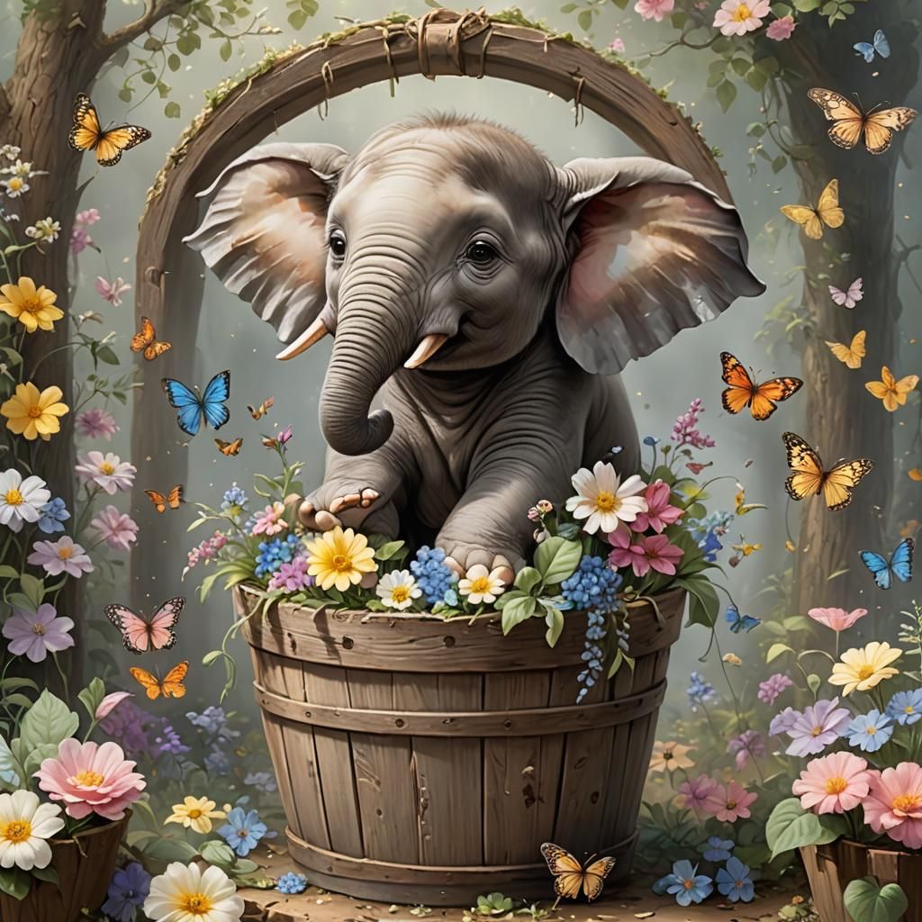Baby Elephant in Bucket, Beatrix Potter Style