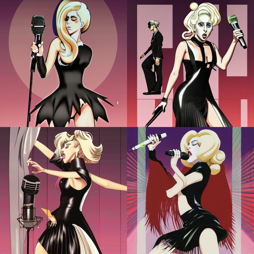 Lady Gaga Anime Portrait in Silky Black Dress