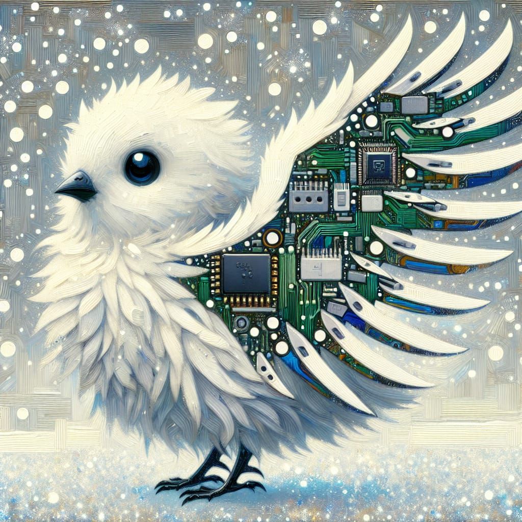 Chibi Bird with Mechanical Wings as Impasto Painting