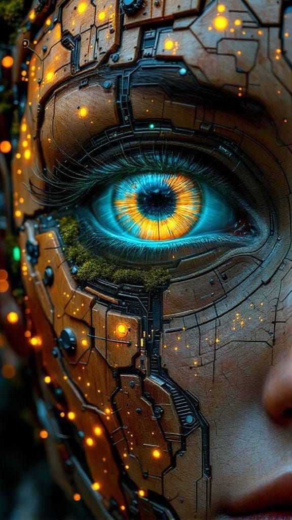 Ancient Techno-Organic Eye with Glowing Circuitry