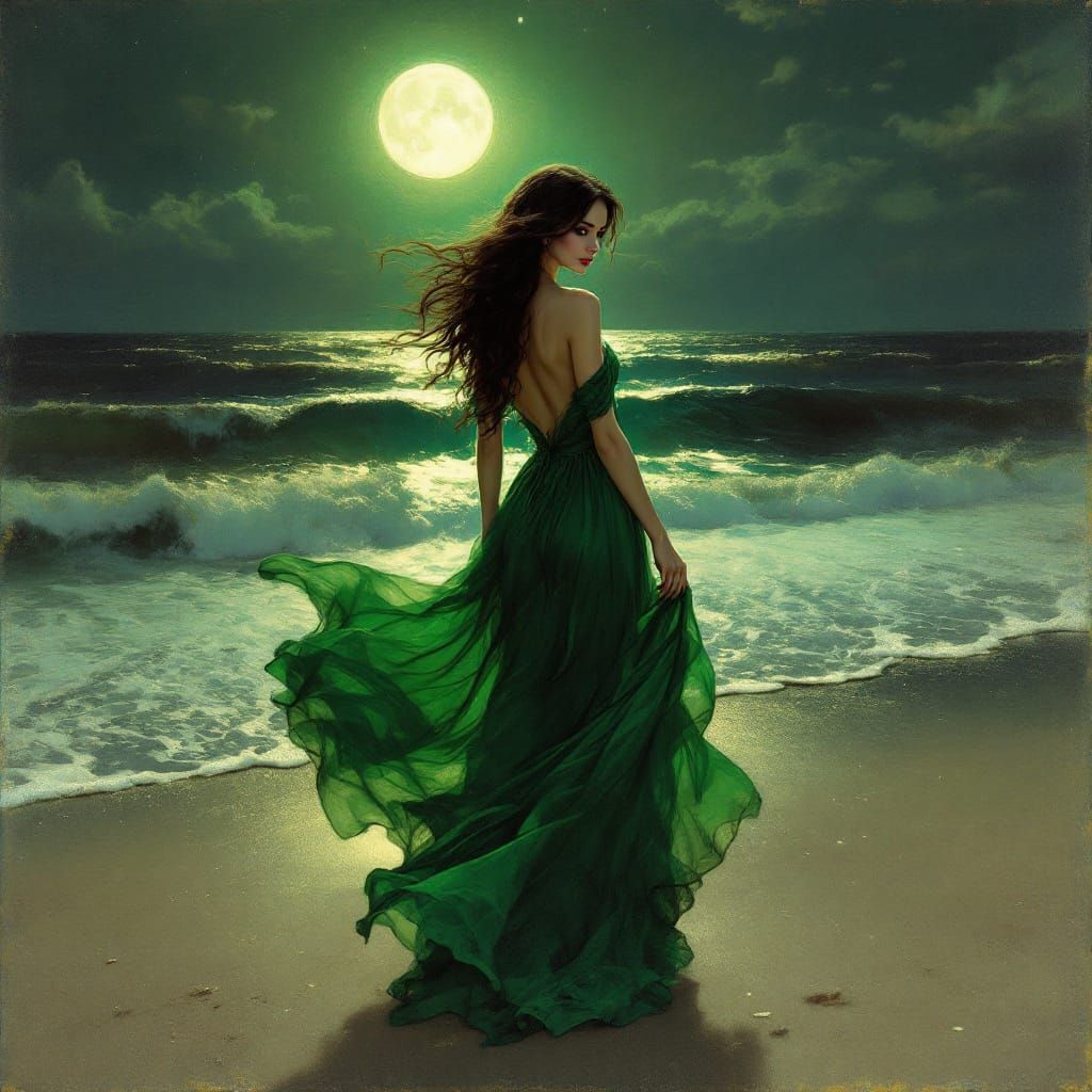 Woman in Emerald Dress on Moonlit Beach