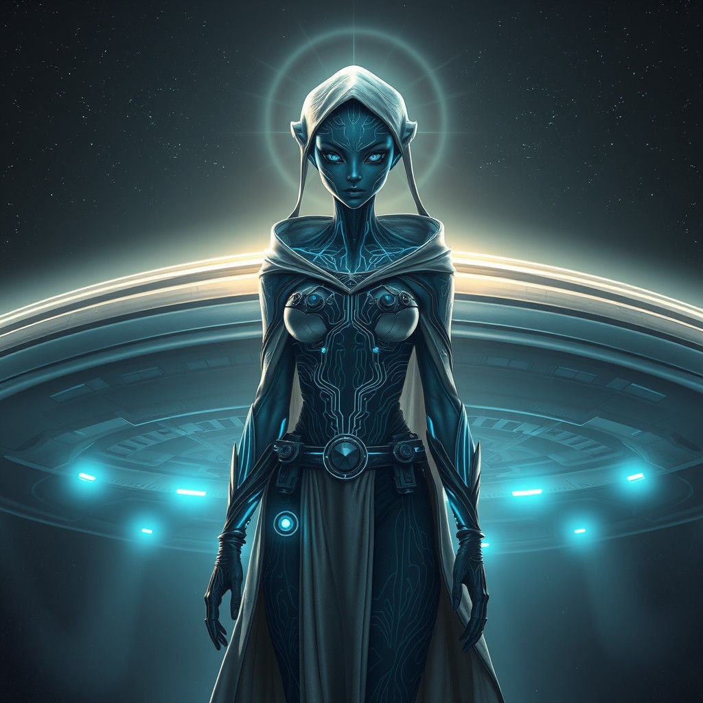 Alien Woman and UFO in Matte Painting Style