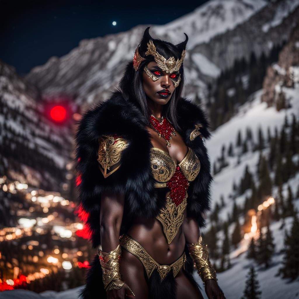 Werewolf queen, red eyes, black fur, bikini armor, red and gold jewelry, night time, qhite snowy mountain, fierce eyes, ...