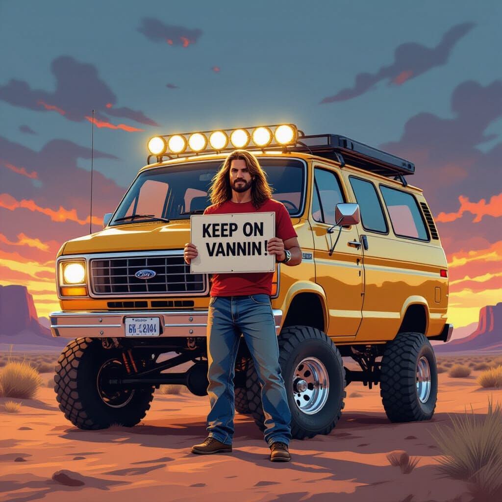 Retro-Futuristic Van Life Scene with Cool Dude