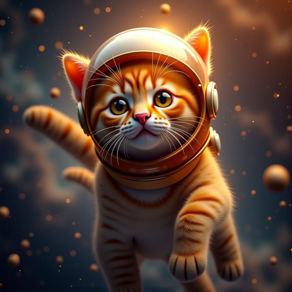 Ginger Cat Astronaut Floating in Space with Wonder
