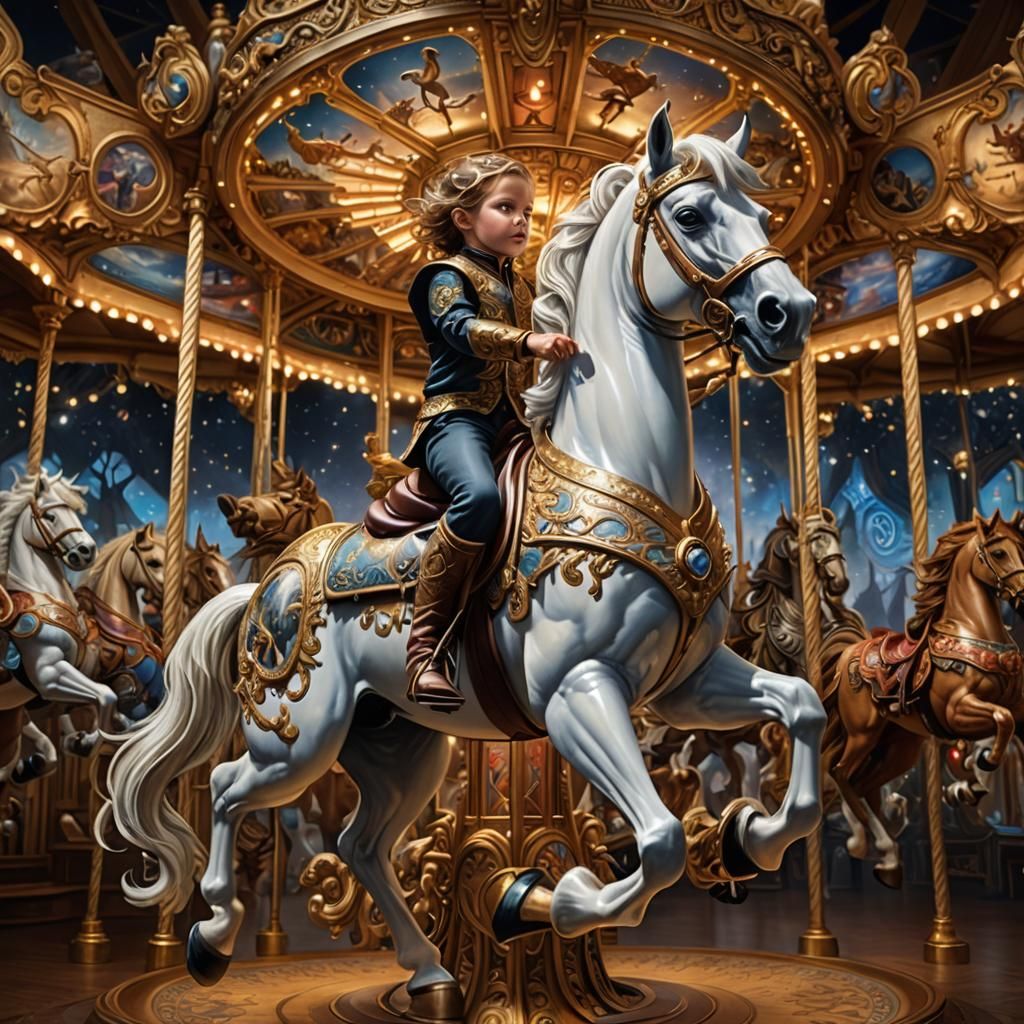Toddler on Carousel Horse Flying Over Kingdom