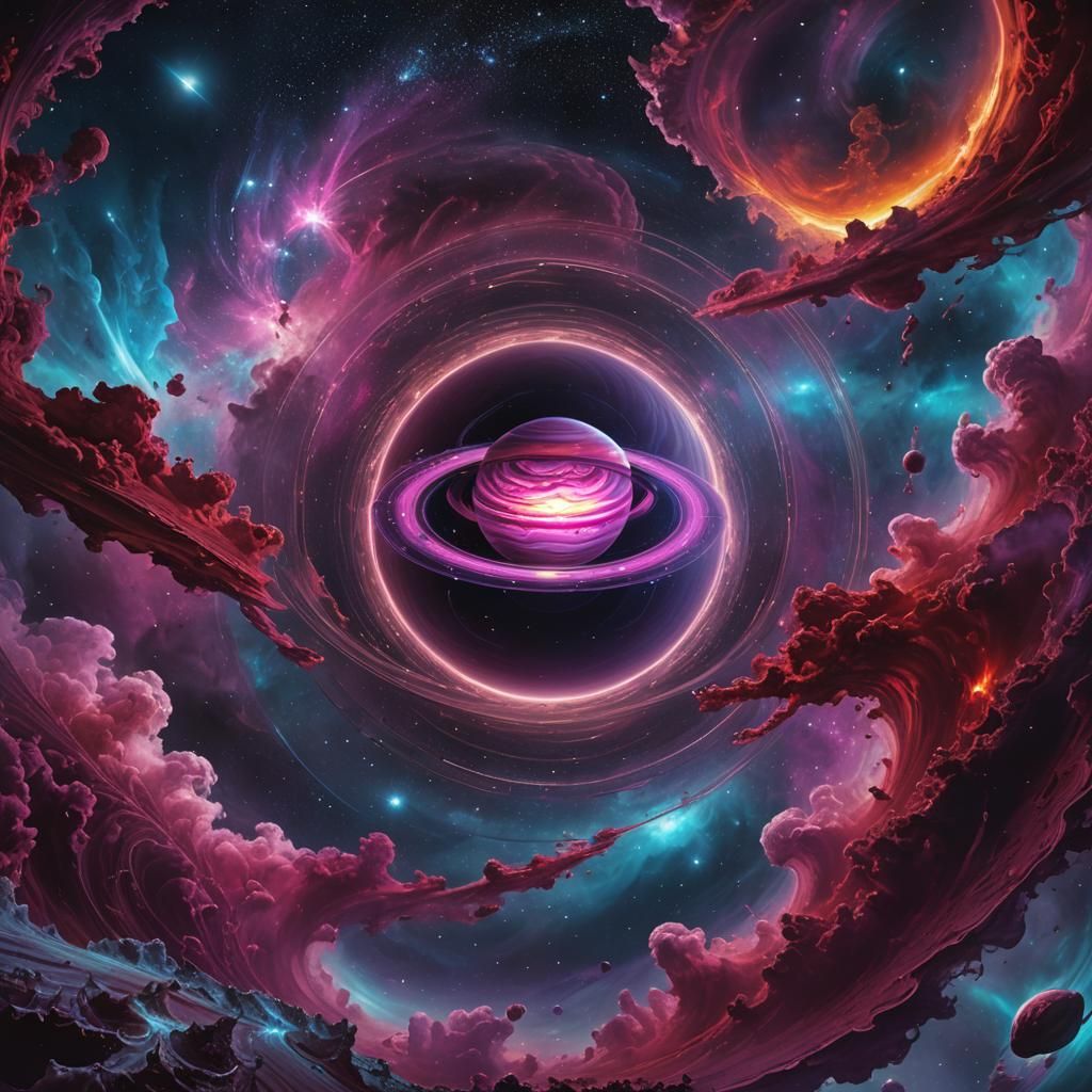 Surreal Crimson Saturn in Cosmic Astral Expanse