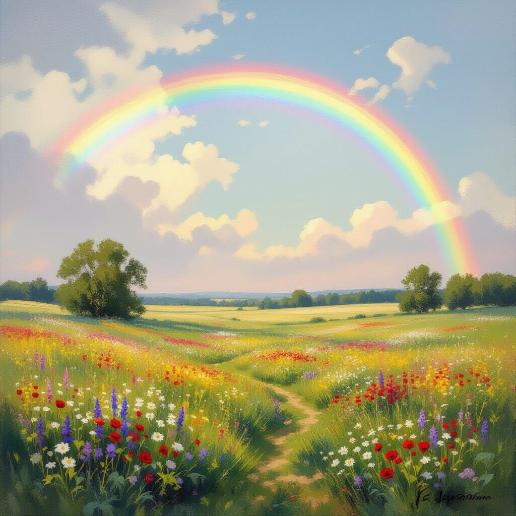 Double Rainbow Over Flourished Meadow, Impressionist Style